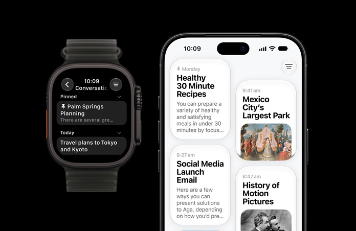 Apple Watch Ultra 4, titanium case, black color, Siri conversation, Ocean Band, translucent black color, iPhone with a range of different Siri conversations