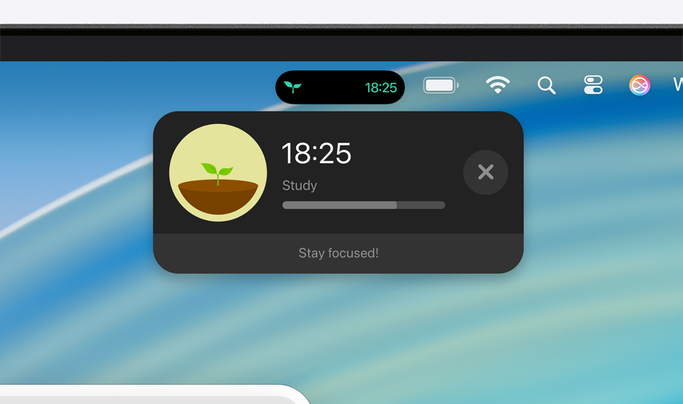 Parte superior da tela do Mac mostrando a barra de menus com uma Atividade ao Vivo expandida do app Forest