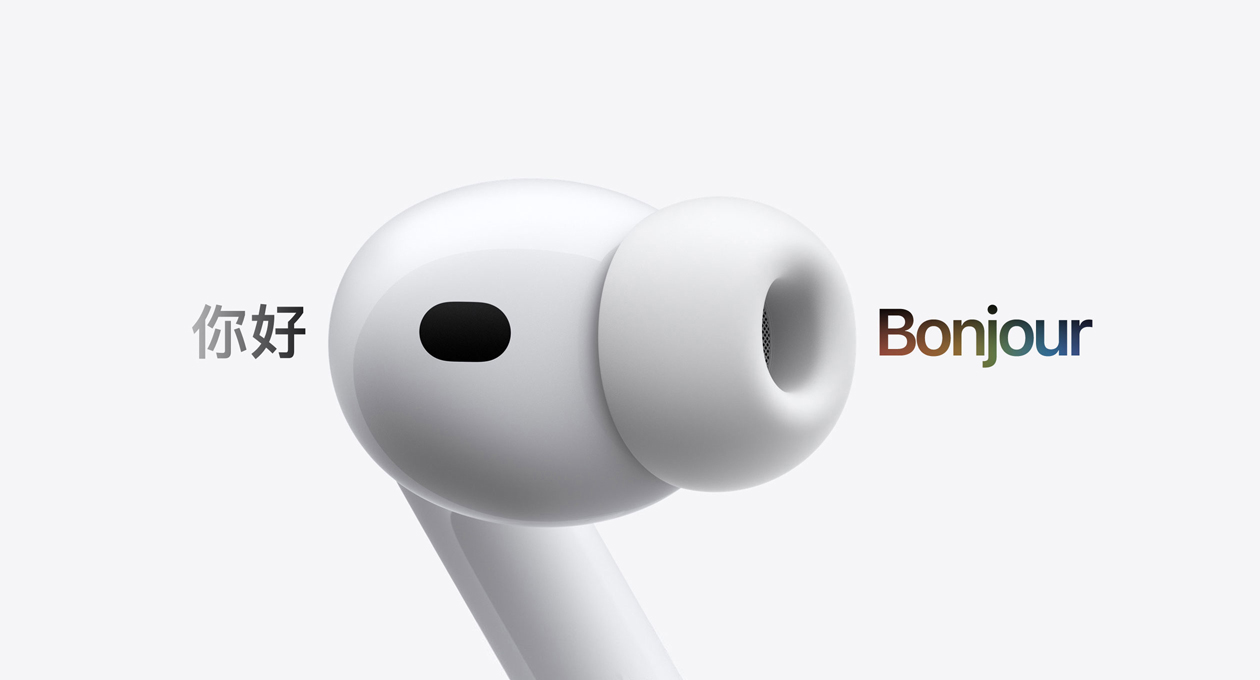 AirPods Pro 3, écouteur avec embout en silicone, la traduction en direct du texte espagnol « hola » en texte français « bonjour »