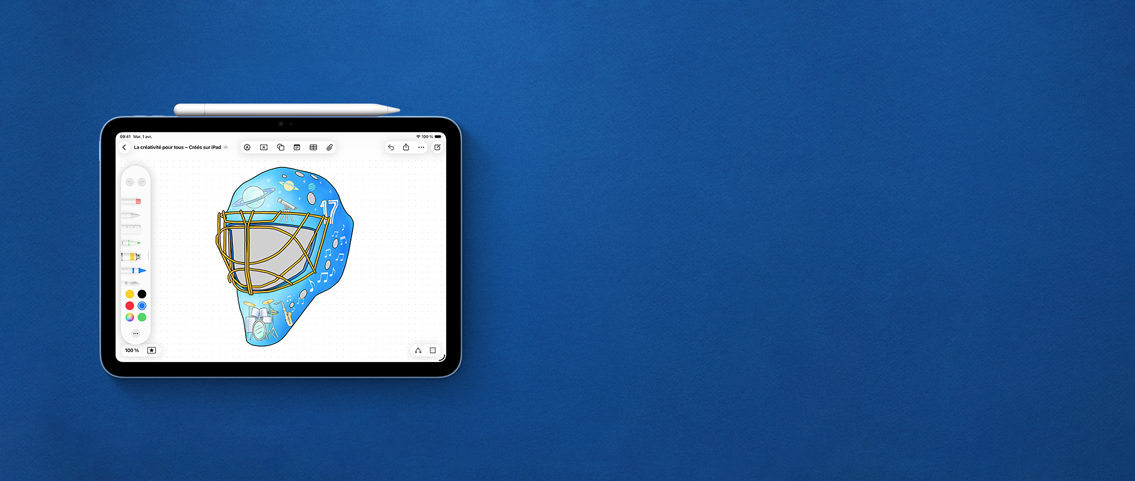 L’écran d’un iPad montre un masque de gardien bleu arborant des illustrations.