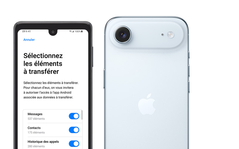 Côte à côte, écran d’un appareil Android montrant l’app Migrer vers iOS, iPhone Air, face arrière, système caméra Fusion dans le plateau surélevé, flash de la caméra
