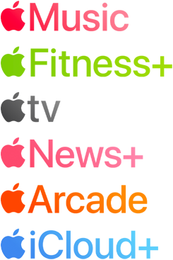 Apple subscription services logotypes including Apple Music, Fitness+, Apple TV, Apple News+, Apple Arcade, iCloud+