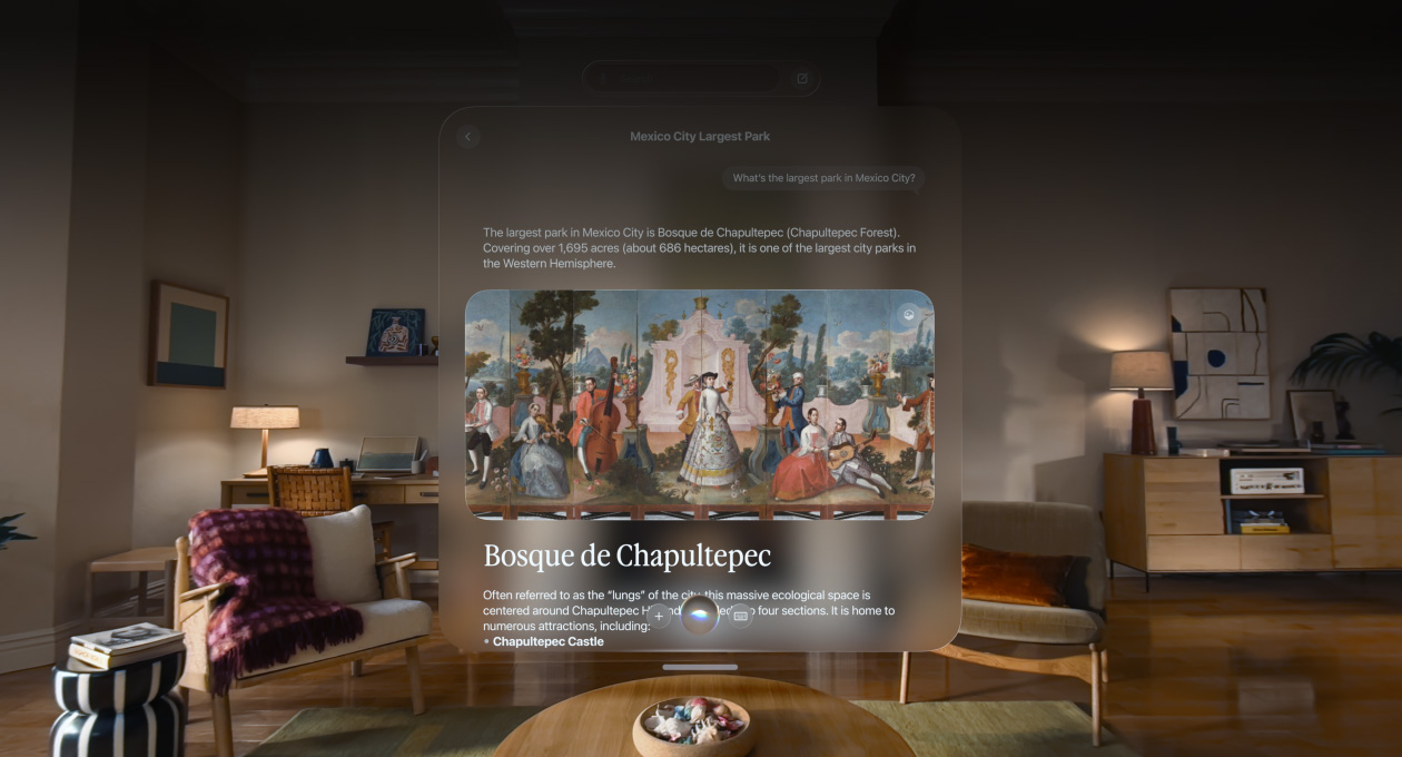 Apple Vision Pro view of a conversation with Siri, including a query and a detailed response with an image and text