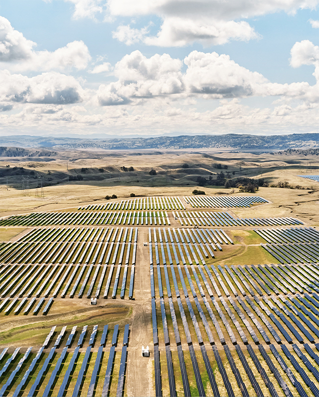 Luftaufnahme einer grossen Fläche mit zahlreichen Solarpanelen zur Energieerzeugung.