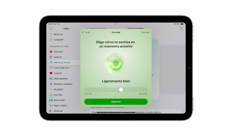 Vista frontal de un iPad mini en posición horizontal, interfaz de usuario que muestra la app Salud y el regulador del selector de estado de ánimo