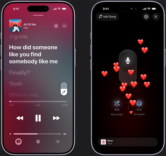 iPhone vlevo zobrazující režim Apple Music Sing na iPhonu s přehráváním skladby „ILY“ od Kapo a Myke Towers, iPhone vpravo zobrazující režim Apple Music Sing na iPhonu s emotikony srdce vystupujícími ze spodní části obrazovky, ikonou mikrofonu uprostřed obrazovky a ikonami „Song Vocals“ a „Mic Reverb“ ve spodní části obrazovky