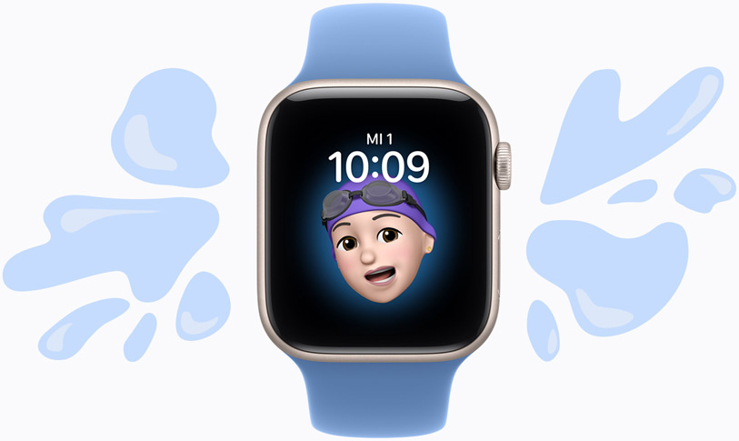 Apple Watch SE 3, Aluminiumgehäuse, Farbe Polarstern, Memoji Zifferblatt, Illustration von Wasserspritzern, die vom vor Wasser geschützten Gerät abprallen, Sportarmband, Farbe Hyazinthenblau