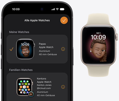 iPhone 18 Pro, Watch App, gekoppelte Apple Watch SE 3, Aluminiumgehäuse, Farbe Polarstern, Memoji Zifferblatt, Sportarmband, Farbe Sand (hellbraun)