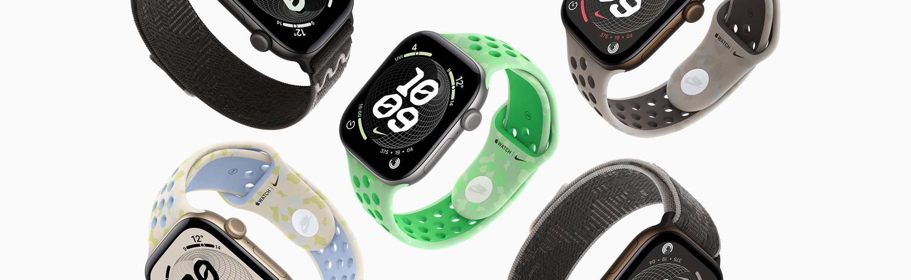 Apple Watch Geräte, verschiedene Nike Armbänder und Nike Zifferblätter