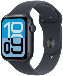 Apple Watch SE 3,  aluminum case, midnight color, Flux watch face, right side exterior, Digital Crown, microphone, side button, midnight Sport Band, silver pin-and-tuck closure
