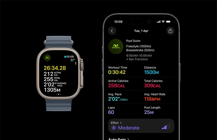 Apple Watch Ultra 3, natural color, titanium case, Ocean Band, anchor blue color, active Swim workout, larger workout metrics breakdown on iPhone