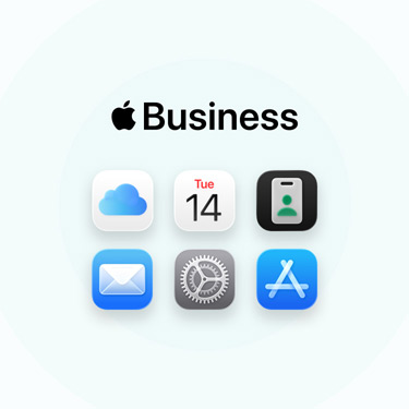 Um conjunto de apps e ferramentas para empresas, incluindo iCloud, Calendário, Apple Business, Mail, Definições e App Store.