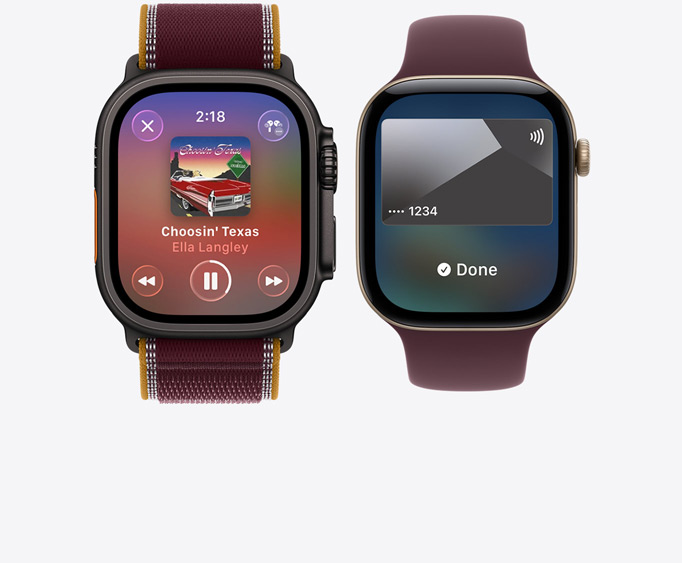 Apple Watch Ultra 4, svart titanboett, appen Apple Music, skärmen Spelas nu, terrängloop i färgen bourgogne, Apple Watch Series 12, aluminiumboett i ljust guld, Apple Pay-skärm, Apple Card, sportloop i färgen bourgogne