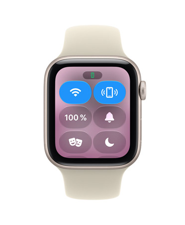 Apple Watch SE 3, aluminum case, starlight color, screen shows Control Center, ping iPhone icon, right side exterior, Digital Crown dial, Sport Band, pale succulent color (light yellow-green)