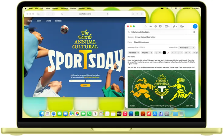 MacBook Neo, citrus color, user is composing an email invitation to an art exhibit, website for the event open alongside
