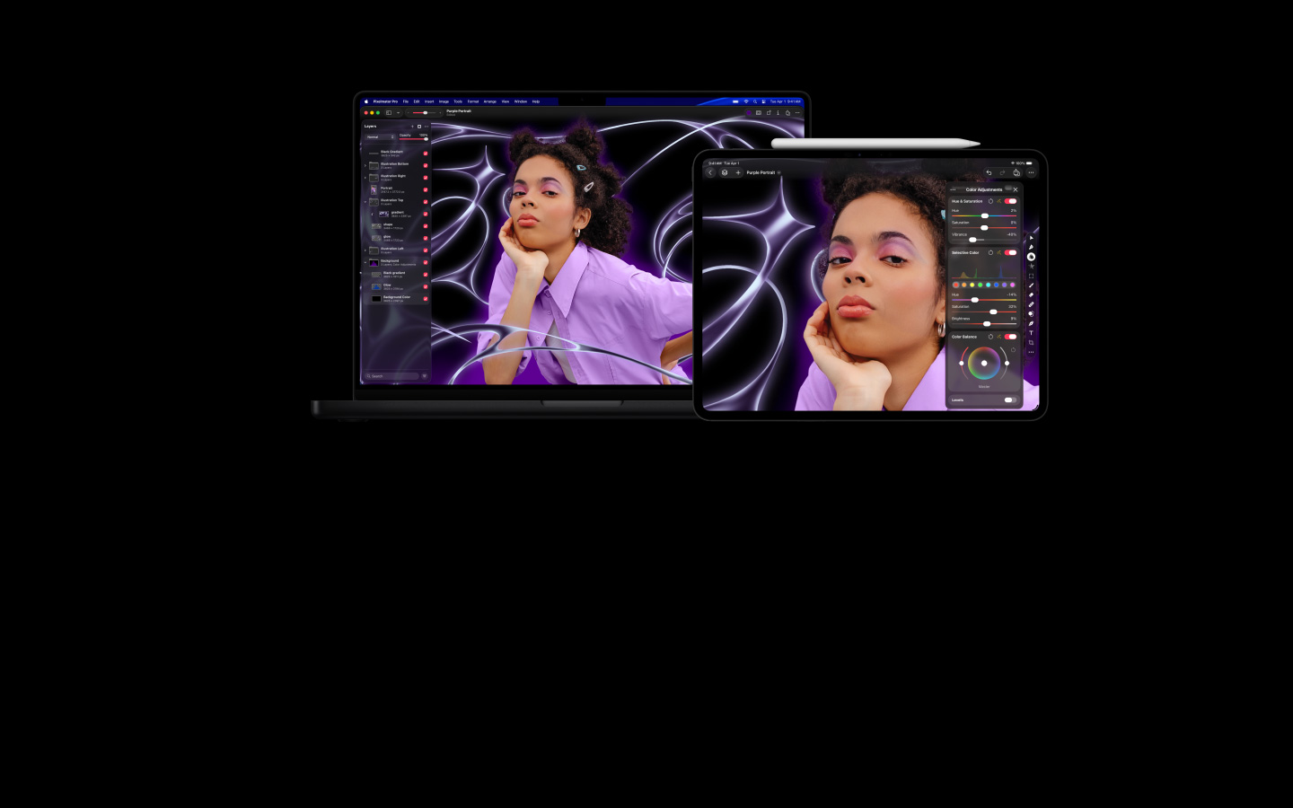 Image of person with braids and wearing a purple sweater with stylized abstract background, moves into MacBook Pro 16 and iPad Pro 13 devices, screens show the Pixelmator Pro workspace with layers panel on the side, image editing