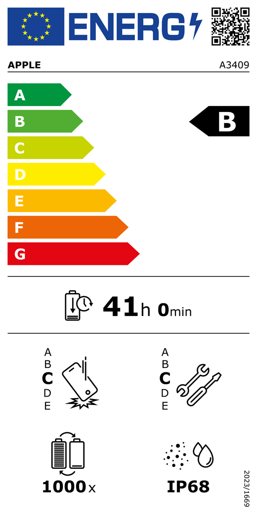 EU oznaka energetske učinkovitosti – QR kôd i informacije, Apple model A3409, razred B, razredi energetske učinkovitosti (sa skalom od A do G), A (najučinkovitiji) do G (najmanje učinkovit), izdržljivost baterije po ciklusu, 41 sat i 0 minuta po punom punjenju baterije, klasa pouzdanosti pri ponovljenim slobodnim padovima C, A (najizdržljiviji) do E (najmanje izdržljiv), klasa popravljivosti C, A (najlakše popravljivo) do E (najteže popravljivo), 1000 ciklusa izdržljivosti baterije, zaštita od prašine i vode (IP) ocjena IP68, uredba 2023/1669
