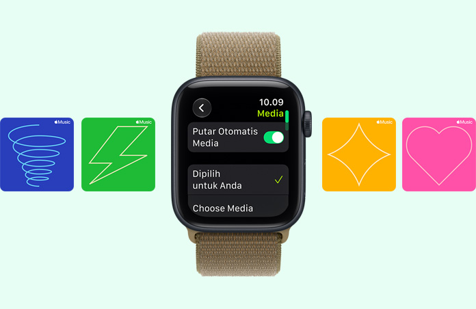 Apple Watch SE 3, aluminum case, midnight color, screen shows Media Player, right side exterior, Digital Crown dial, Sport Loop band, olive color (earthy green), background Apple Music graphic cards: whirlwind, lightning, diamond and heart illustrations