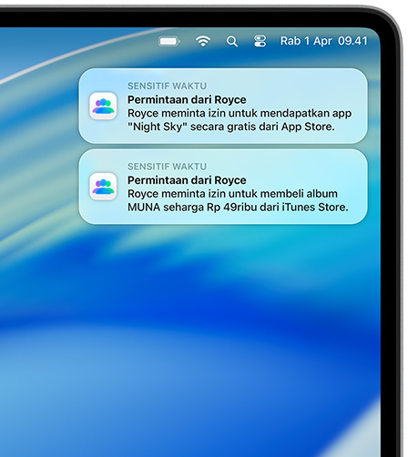 Dua pemberitahuan macOS di sudut kanan atas layar Mac, masing-masing menampilkan permintaan pembelian, yang pertama untuk Night&nbsp;Sky dari App&nbsp;Store, yang kedua untuk album MUNA dari iTunes&nbsp;Store