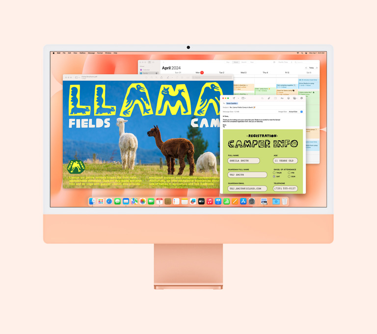 iMac Oranye: Layar menampilkan aplikasi Pratinjau, Mail, dan Kalender yang sedang digunakan.