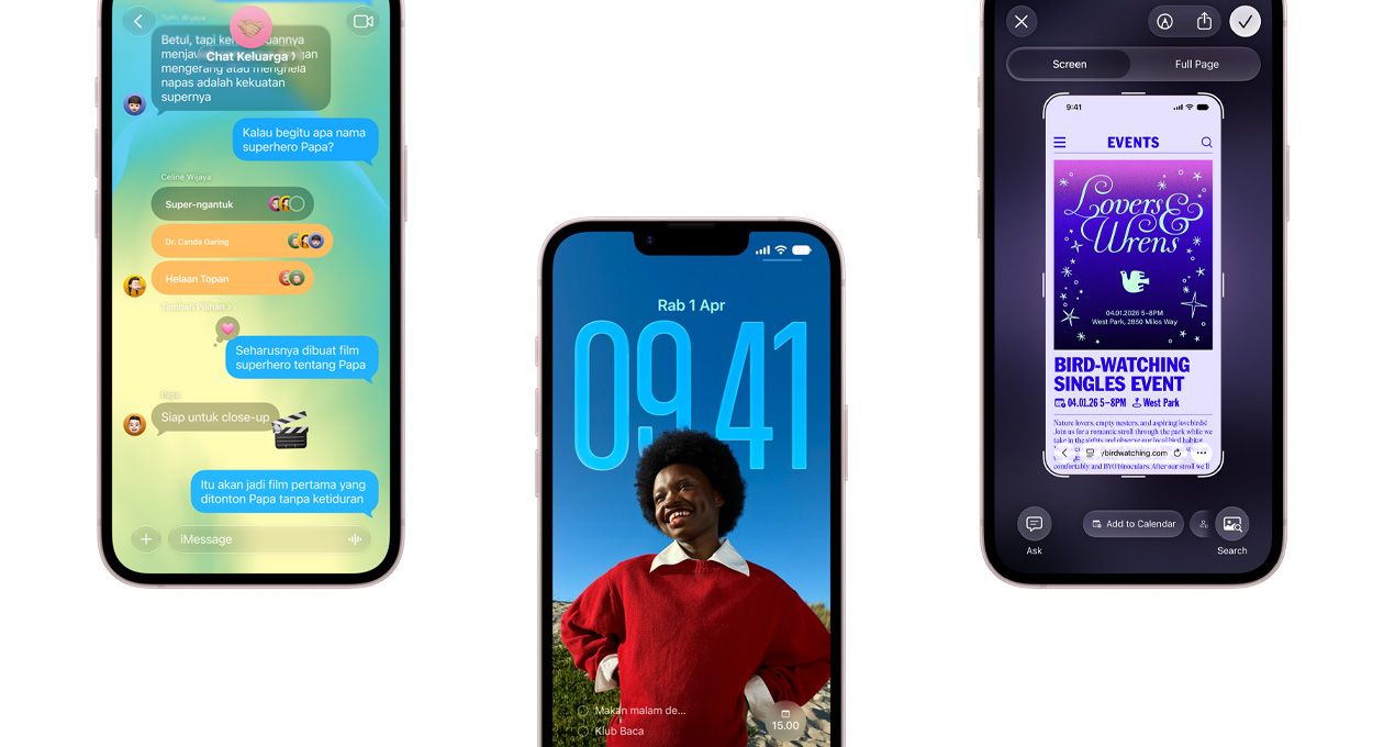 Three iPhone 17e devices, the left screen displaying a conversation in iMessages app, center screen showing the lock screen with a portrait of a person smiling, calendar and time apps behind them, right screen showing an event creation interface