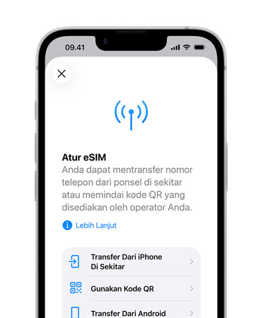 iPhone 17e, front exterior, showing the Set Up eSIM feature to transfer a phone number from a nearby phone or scan a QR code