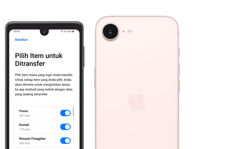 Side-by-side, Android screen showing Move to iOS App, iPhone 17e, back exterior, soft pink color, Fusion camera