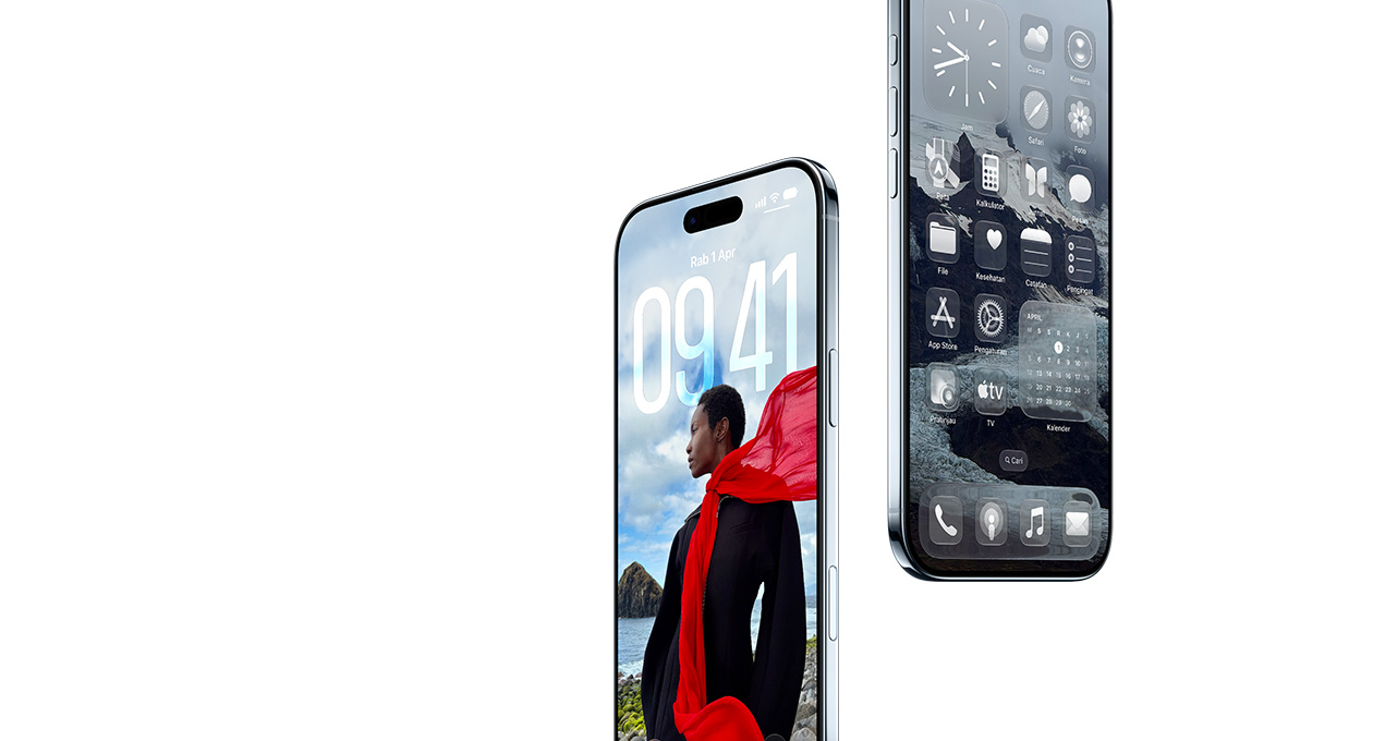 Dua perangkat iPhone&nbsp;Air, eksterior depan, eksterior samping, bentuk tipis, Layar&nbsp;Terkunci dinamis, Layar&nbsp;Home dengan aplikasi Liquid&nbsp;Glass