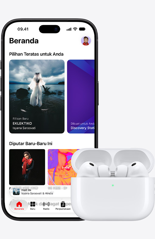 iPhone 18 Pro, front exterior, Apple Music homescreen displayed on screen, next to Airpods Pro 3 in open MagSafe Charging Case