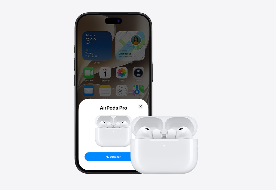 Eksterior depan iPhone, koneksi AirPod muncul di layar, AirPods dalam casing terbuka di samping iPhone