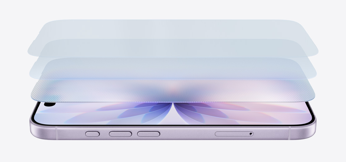 iPhone 17 warna Lavender ditampilkan horizontal dari samping, dengan desain berlapis menampilkan Ceramic Shield 2