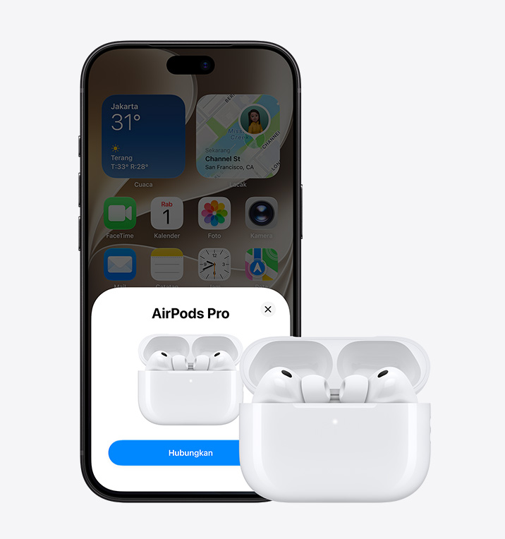 iPhone 18 Pro, front exterior, Apple Music app with Home Screen open, next to AirPods Pro 3 in open MagSafe Charging case