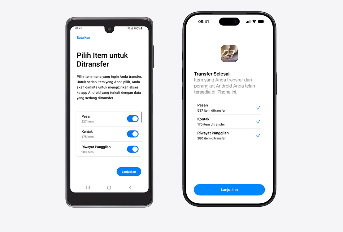 Bersisian, layar Android menampilkan Aplikasi Pindah ke iOS, dan layar iPhone menampilkan Aplikasi Pindah ke iOS