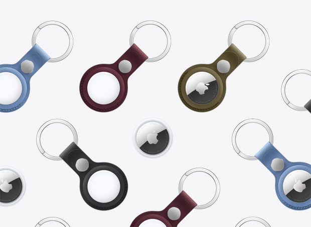 AirTag and AirTag FineWoven Key Ring: an array of colors including Glacier, Burgundy, and Green, key ring accessories display Apple logo on front
