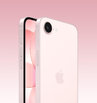 Bagian depan dan belakang iPhone 17e berwarna pink lembut, sebagian layar depan, bagian belakang penuh dengan logo Apple dan kamera tunggal, bagian samping menampilkan tombol Tindakan, volume, dan samping.