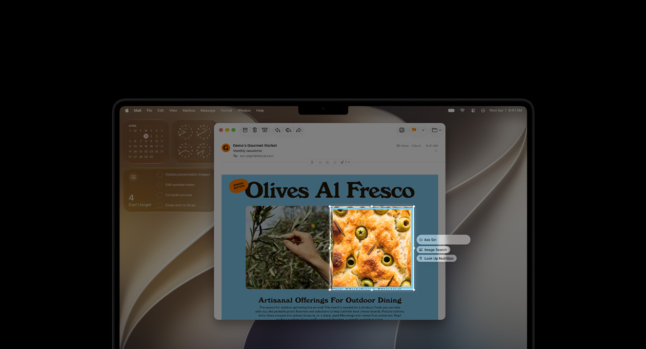 MacBook Pro 14 inci, Hitam Angkasa, layar menampilkan demo Kecerdasan Visual, memperlihatkan email dengan gambar makanan dan rempah-rempah, kotak membingkai gambar zaitun pada roti, dan tiga petunjuk melayang di atas gambar, termasuk Minta Siri, Pencarian Gambar, dan Cari Tahu Gizi