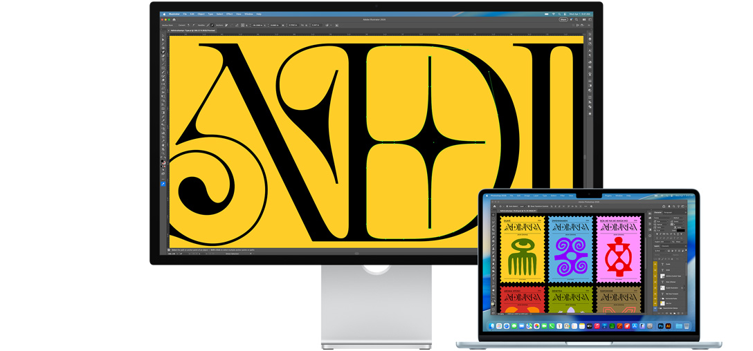 Studio Display dan laptop Mac menampilkan proyek yang sedang dikerjakan di beberapa program Adobe, Studio Display menampilkan tampilan close-up teks hitam dengan latar belakang kuning yang kaya, lapisan anti reflektif membantu mengurangi silau