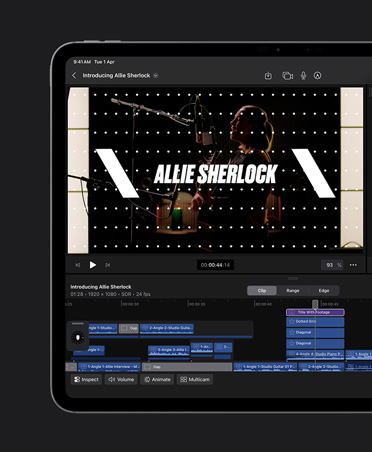 iPad Pro 13, Music video edit with titles superimposed on image, tools for choosing fonts colours and layout, title reads Allie Sherlock