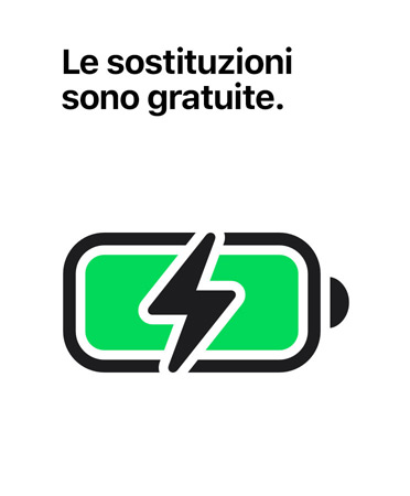 La scritta “nessun costo per le sostituzioni” sopra l’icona di una batteria carica