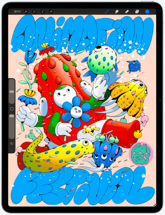 Procreate 앱에서 다양한 캐릭터와 물체를 담은 다채로운 디지털 미술 작품을 보여주는 iPad Air 앞면