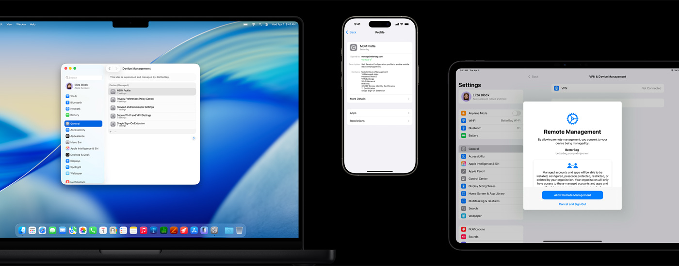 A display of three Apple devices: On the left, a Mac computer shows a Device Management window. In the center, an iPhone displays MDM (Mobile Device Management) profile settings. On the right, an iPad presents a Remote Management window.