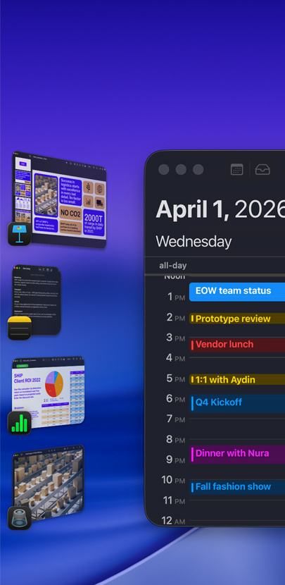 Various iOS apps displayed on a desktop using Stage Manager, the Calendar app showing a schedule is prominently displayed.