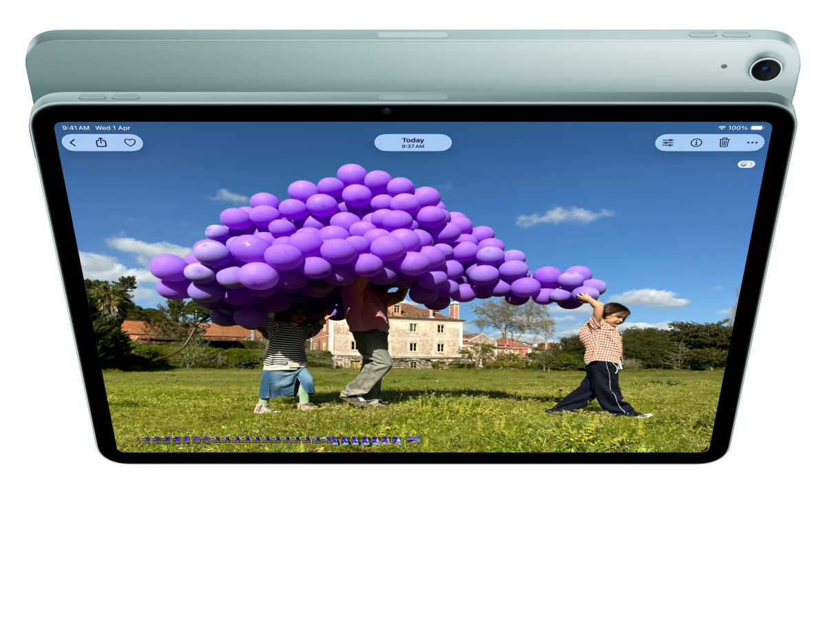 iPad Air, front exterior, user is on FaceTime and looking at Keynote in front of another iPad Air, back exterior