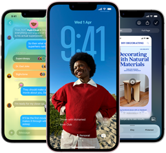 Three iPhone 17e devices, showing Messages app with Liquid Glass design, dynamic Lock Screen, and Visual Intelligence in use