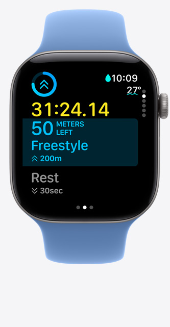 Apple Watch Series 12, aluminum case, space gray color, Workout screen tracks Pool Swim, metrics onscreen, Sport Band, wildflower blue color