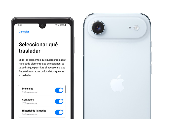Un dispositivo al lado del otro, pantalla de un teléfono Android que muestra la app Trasladar a iOS, iPhone Air, parte posterior, sistema de cámara Fusion en el módulo en relieve, flash de la cámara
