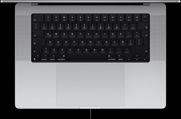 Vista desde arriba de una MacBook Pro de 16 pulgadas que muestra el trackpad Force Touch debajo del teclado