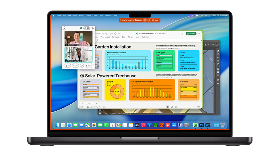 A Mac screen with macOS Tahoe showing several open apps including Webex and Excel.