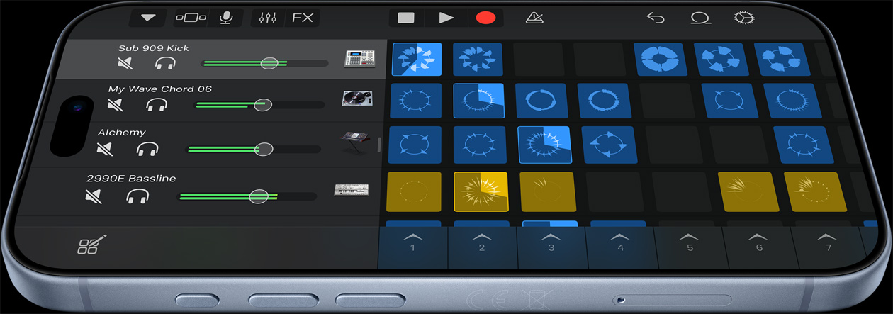 iPhone 18 Pro w kolorze błękitu lodowca z widocznym interfejsem aplikacji Logic Pro do tworzenia muzyki