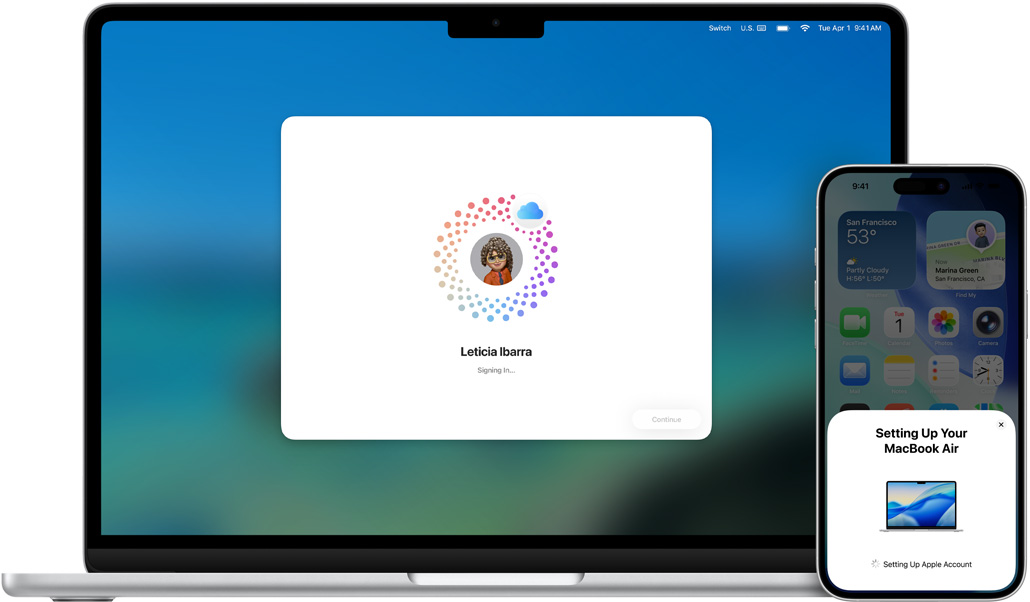 13‑calowy MacBook Air i iPhone 16 Plus, na MacBooku instaluje się system macOS, iPhone wyświetla powiadomienia dotyczące konfiguracji